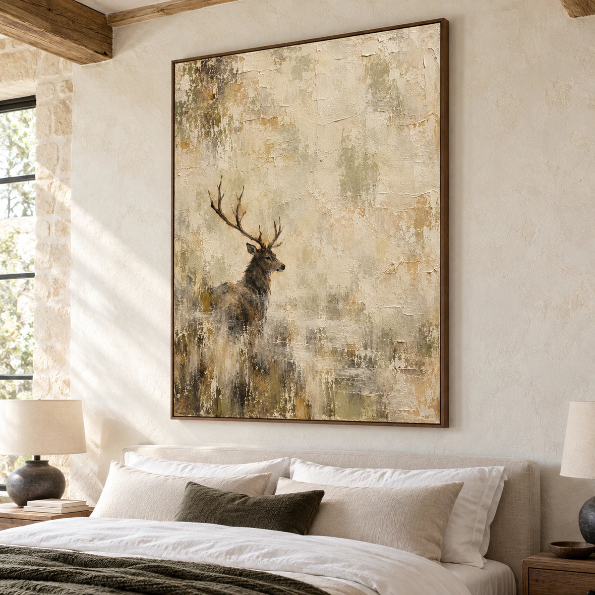 Vertical stag painting above a low bed in a quiet bright bedroom with crisp linen and subtle neutral furnishings.