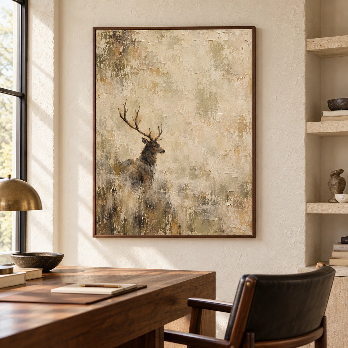 Stag painting prominently displayed in an airy home office with a broad desk, simple shelving, and daylight.