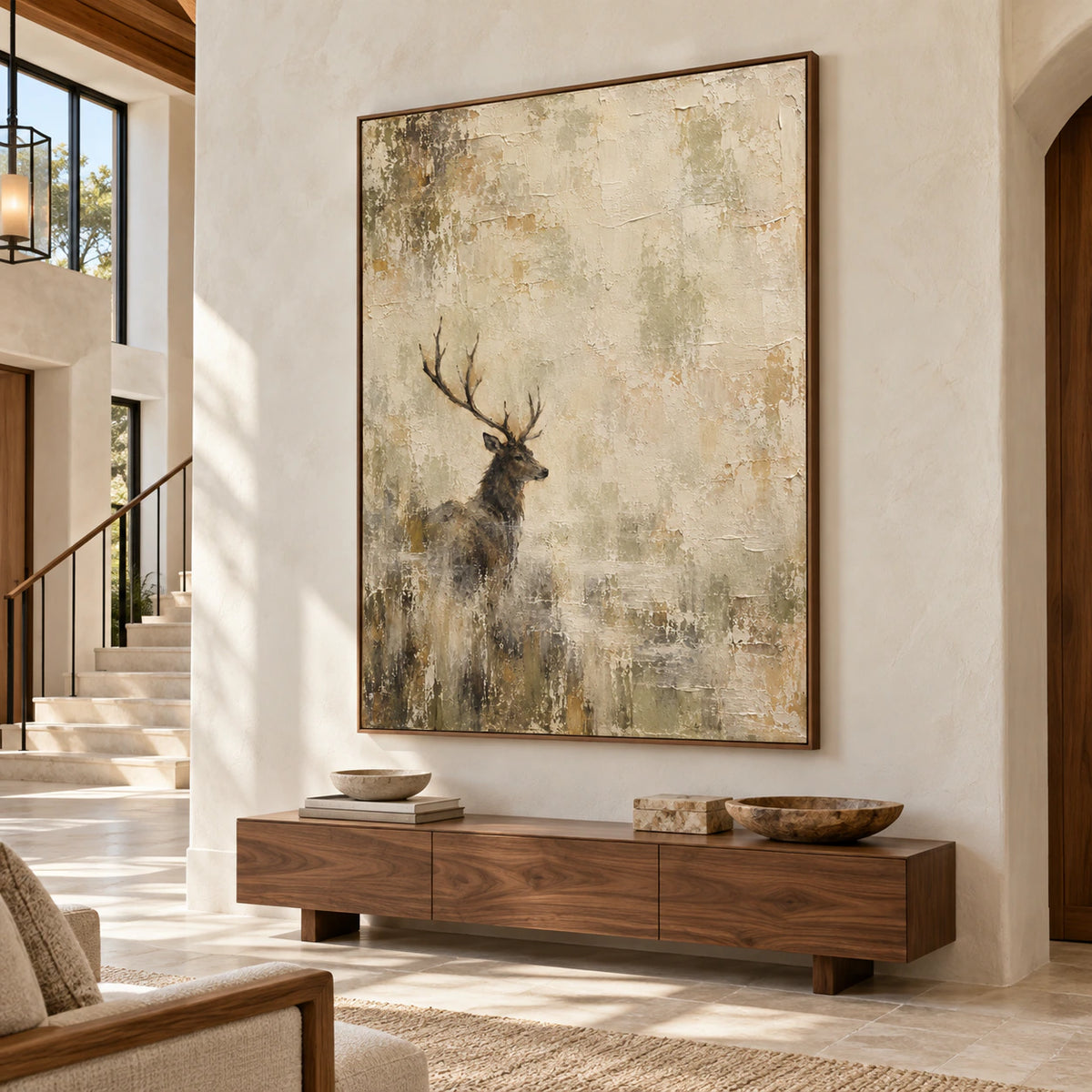 Large stag painting commanding a gallery-scale foyer with a stone floor, high ceiling, and open daylight.
