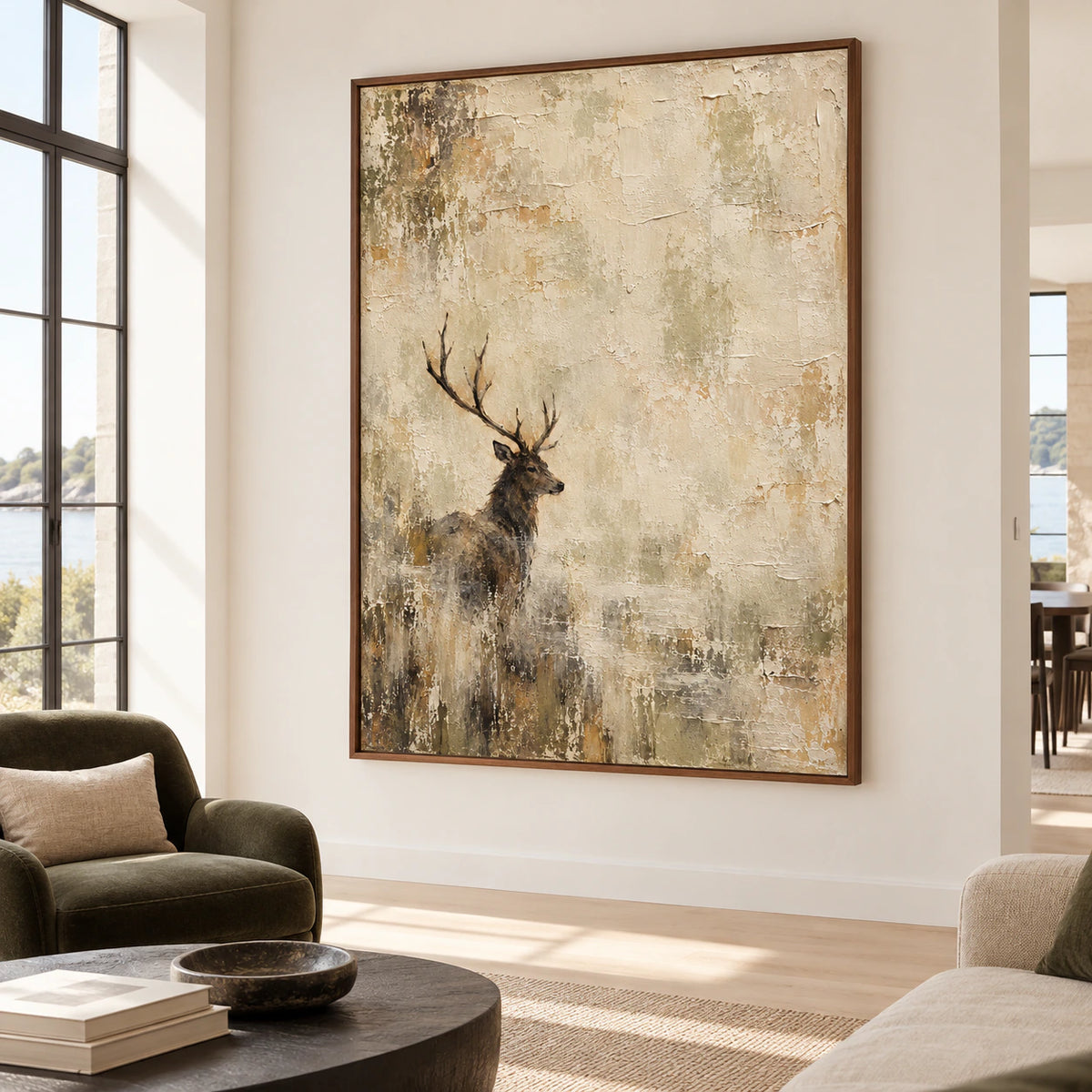 Stag painting displayed at impressive scale in a bright loft hospitality interior with restrained furnishings and generous open space.