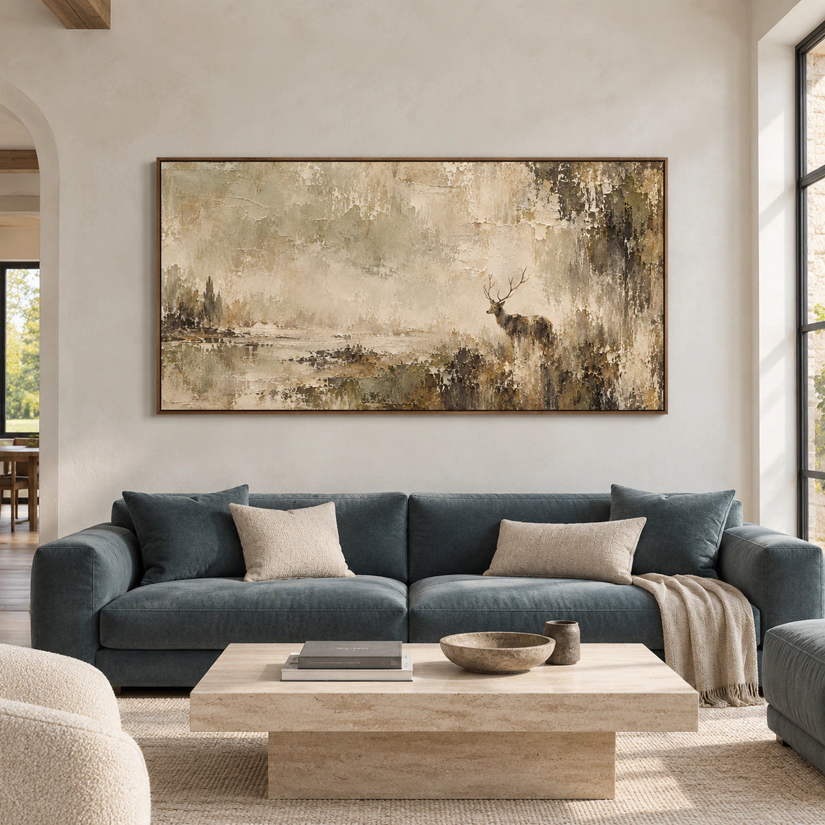 Large horizontal Antlered-Mist artwork displayed straight-on in an open, refined living space, with its stag and pale textured landscape clearly visible.