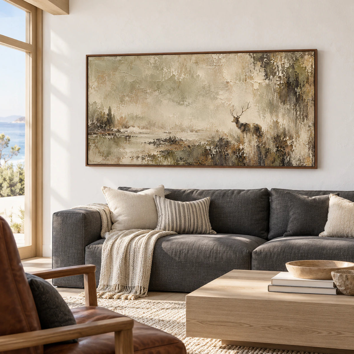 Antlered-Mist displayed above a restrained sofa in a bright living room, the full landscape prominent on a light wall.
