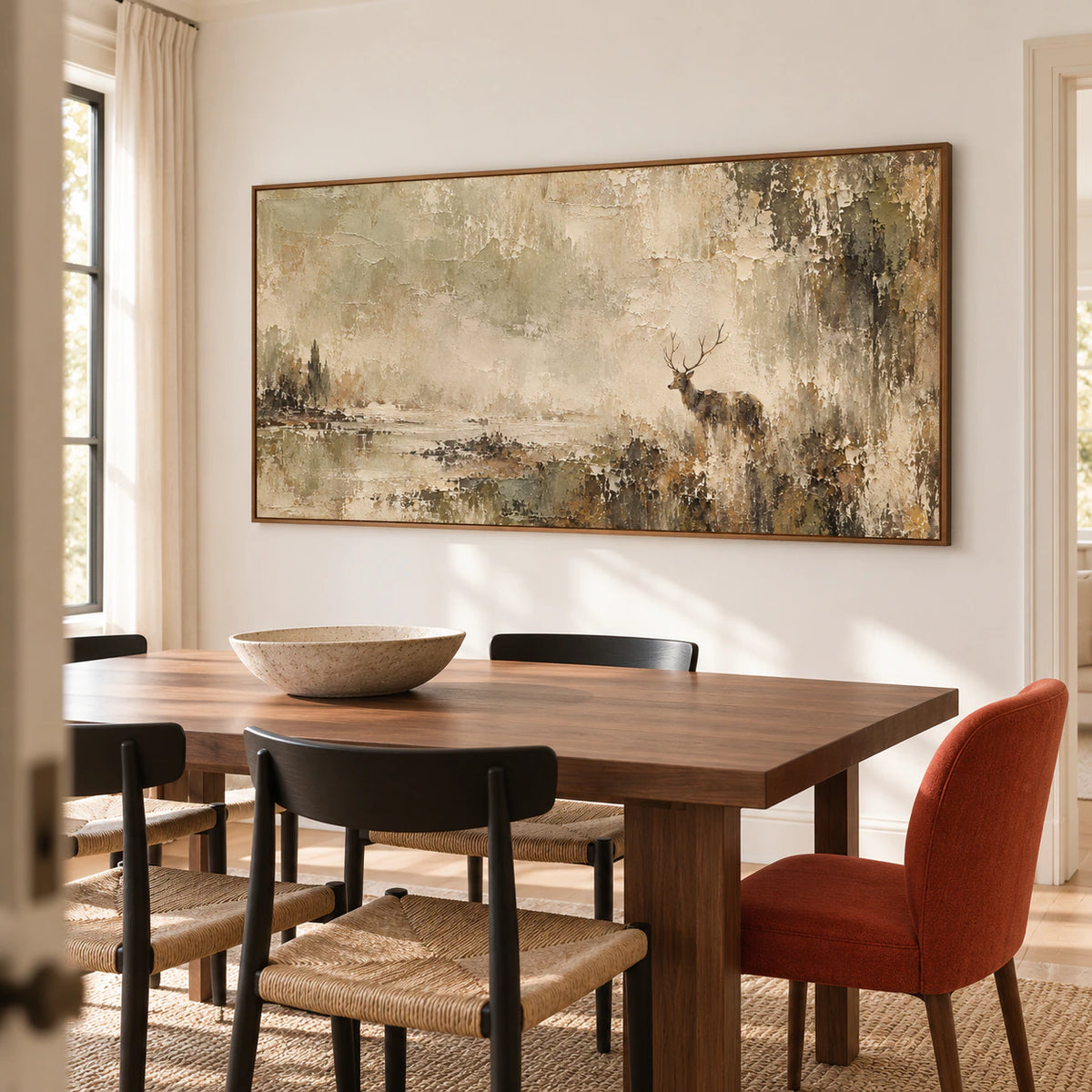 Antlered-Mist as the focal point of a refined dining room with a long table, pale walls and soft natural daylight.