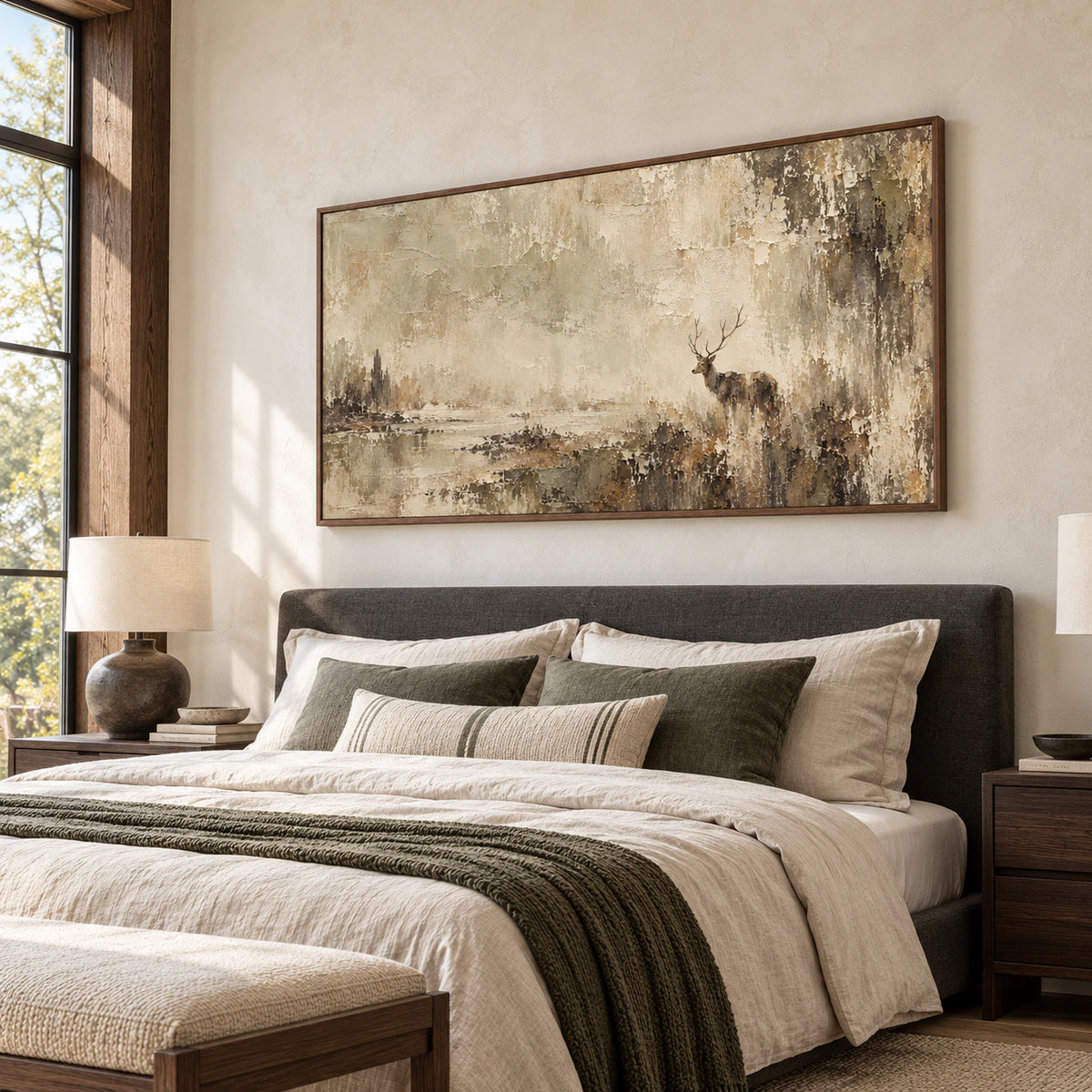 Antlered-Mist above a quiet bedroom headboard, shown at large scale against a softly lit neutral wall.