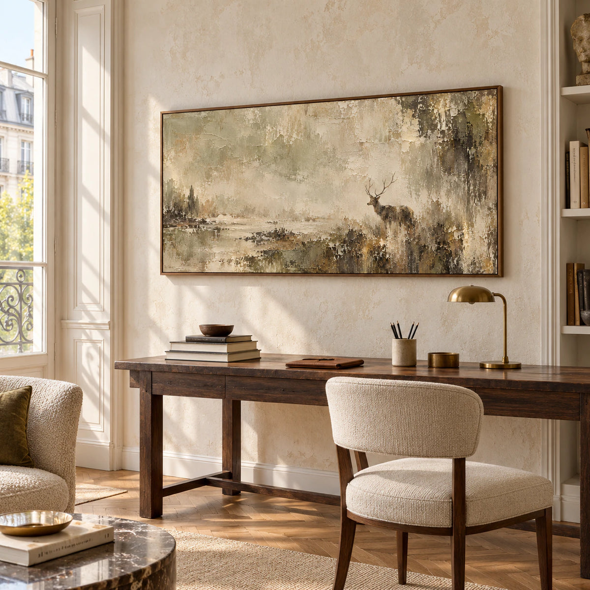Antlered-Mist prominent in an airy home office with a simple desk, open shelving and balanced daylight.