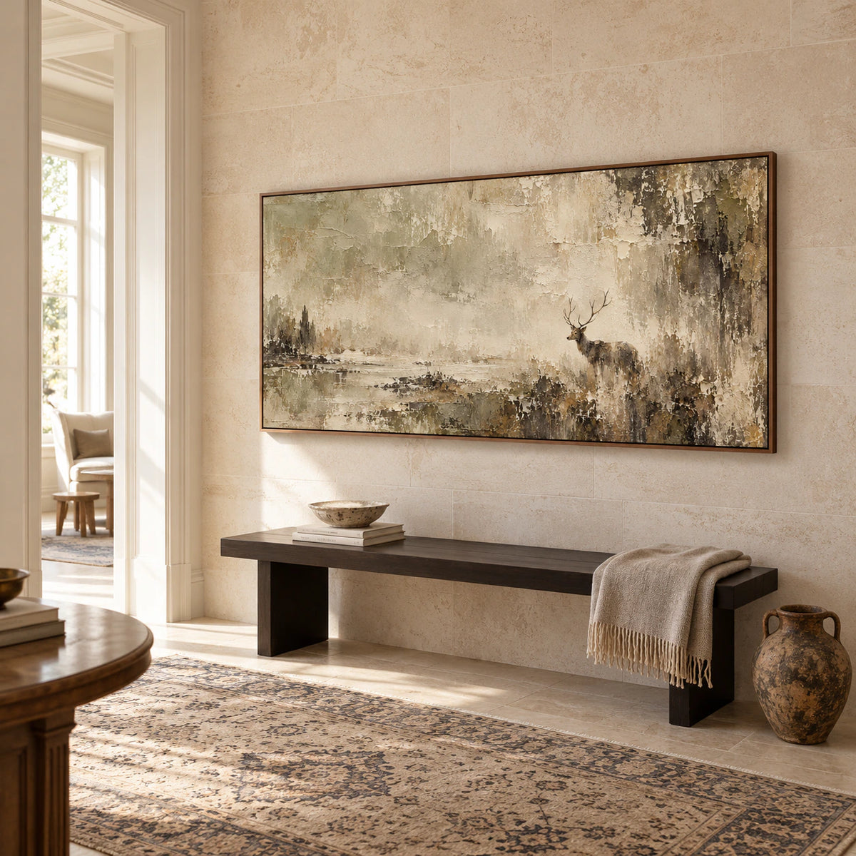 Antlered-Mist displayed at gallery scale in a bright foyer with a generous entry and restrained architectural finishes.