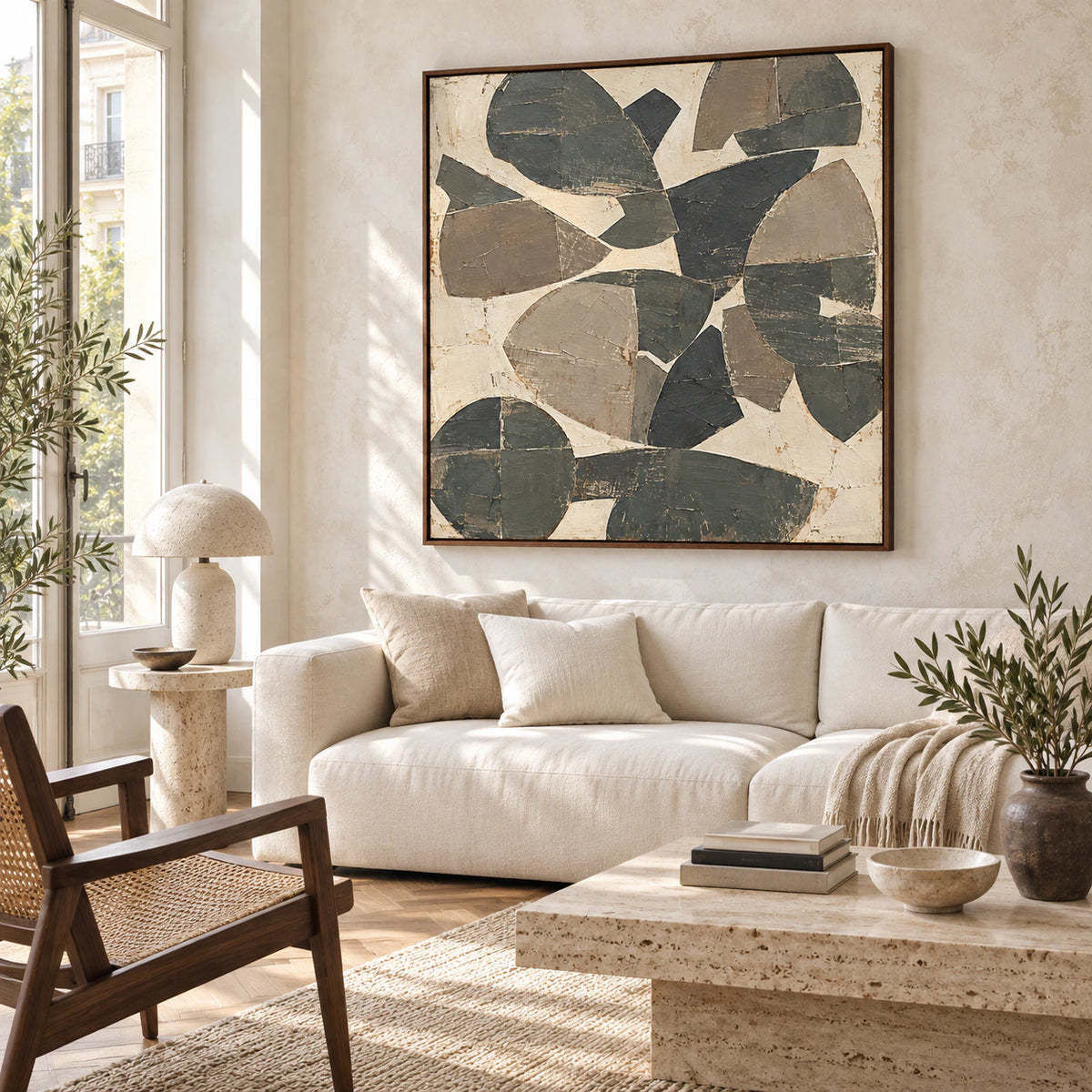 Aperture-Relic above a restrained sofa in a bright contemporary living room.