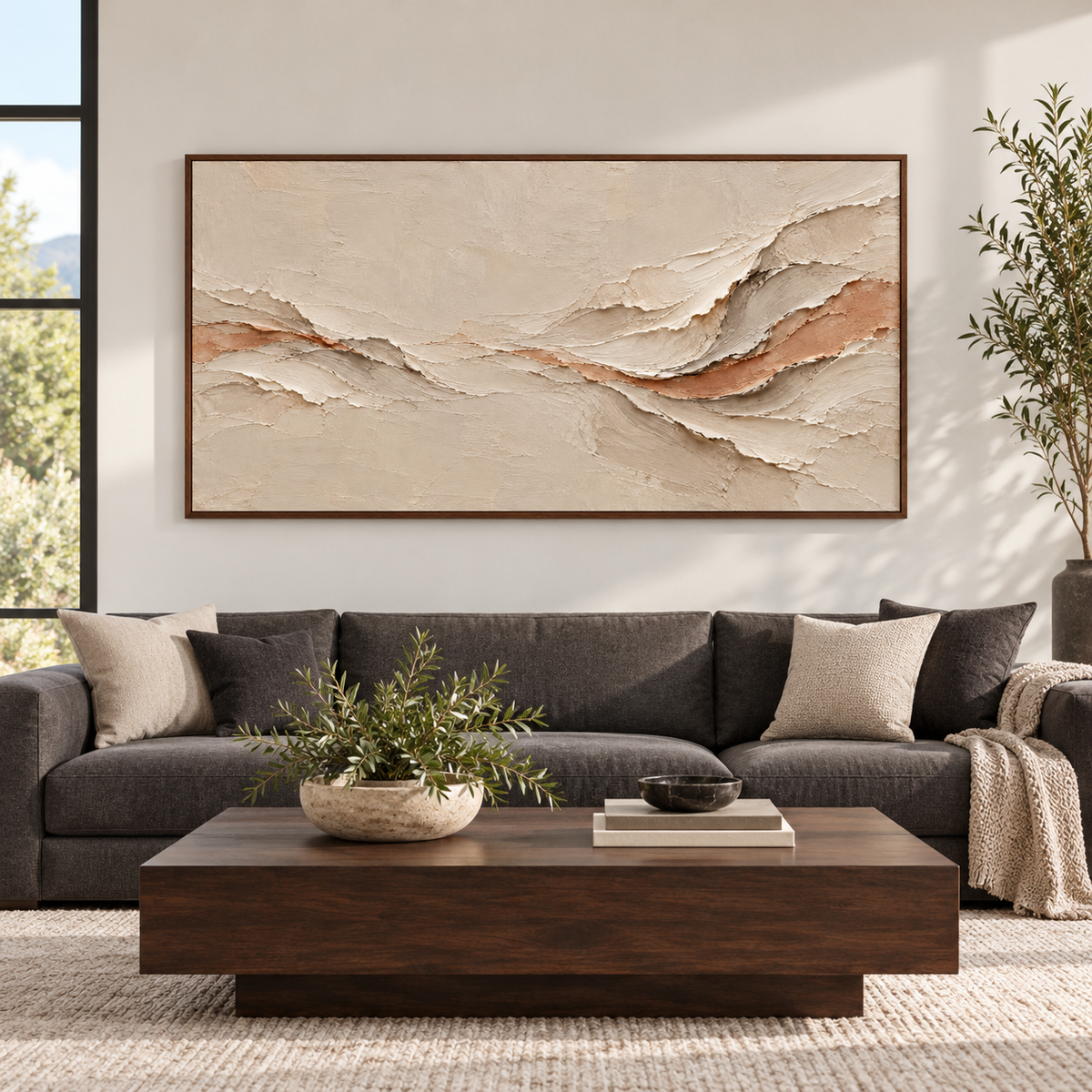 Large straight-on view of Apricot-Undercurrent centered in a spacious contemporary room.