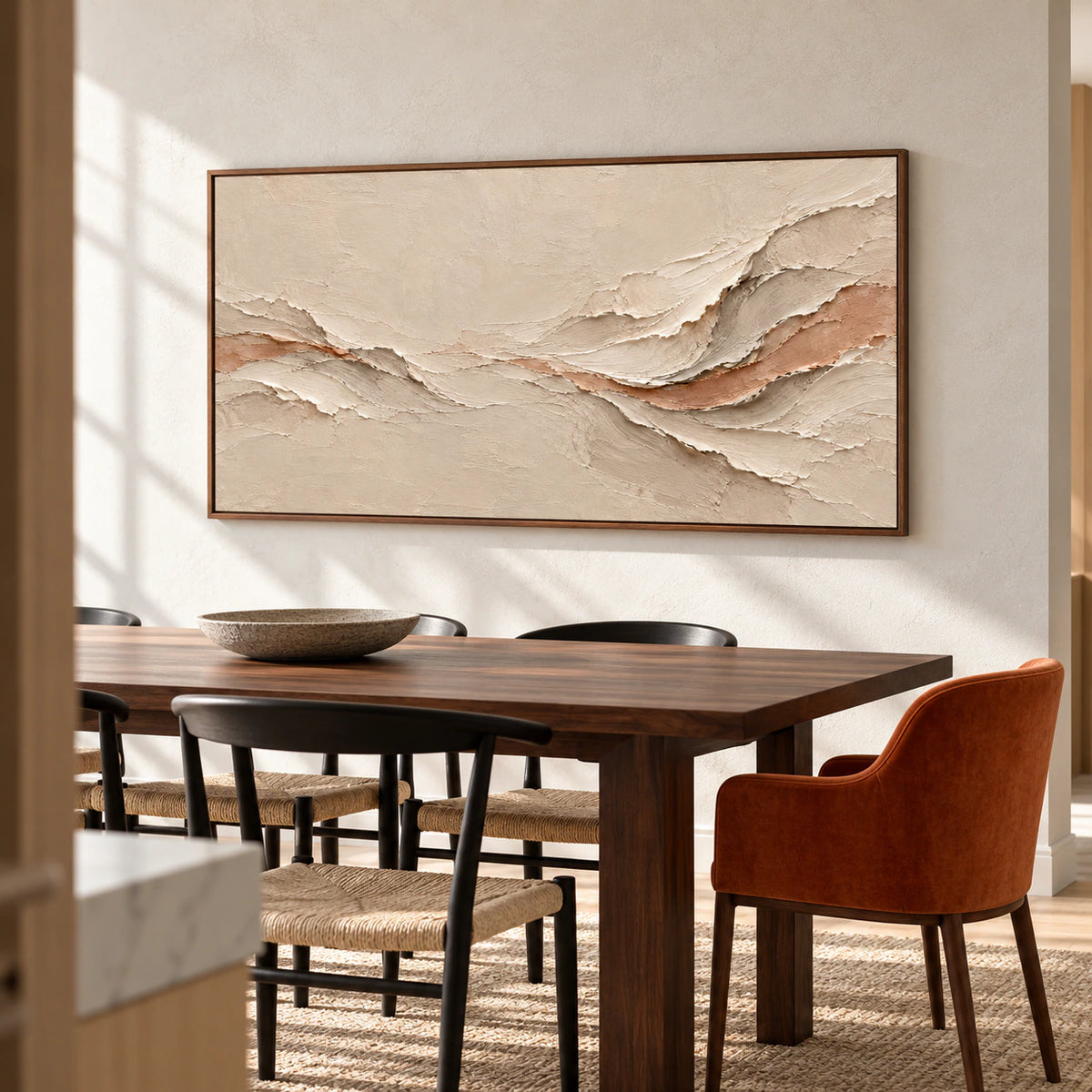 Apricot-Undercurrent anchoring a refined dining room with a dark wood table.