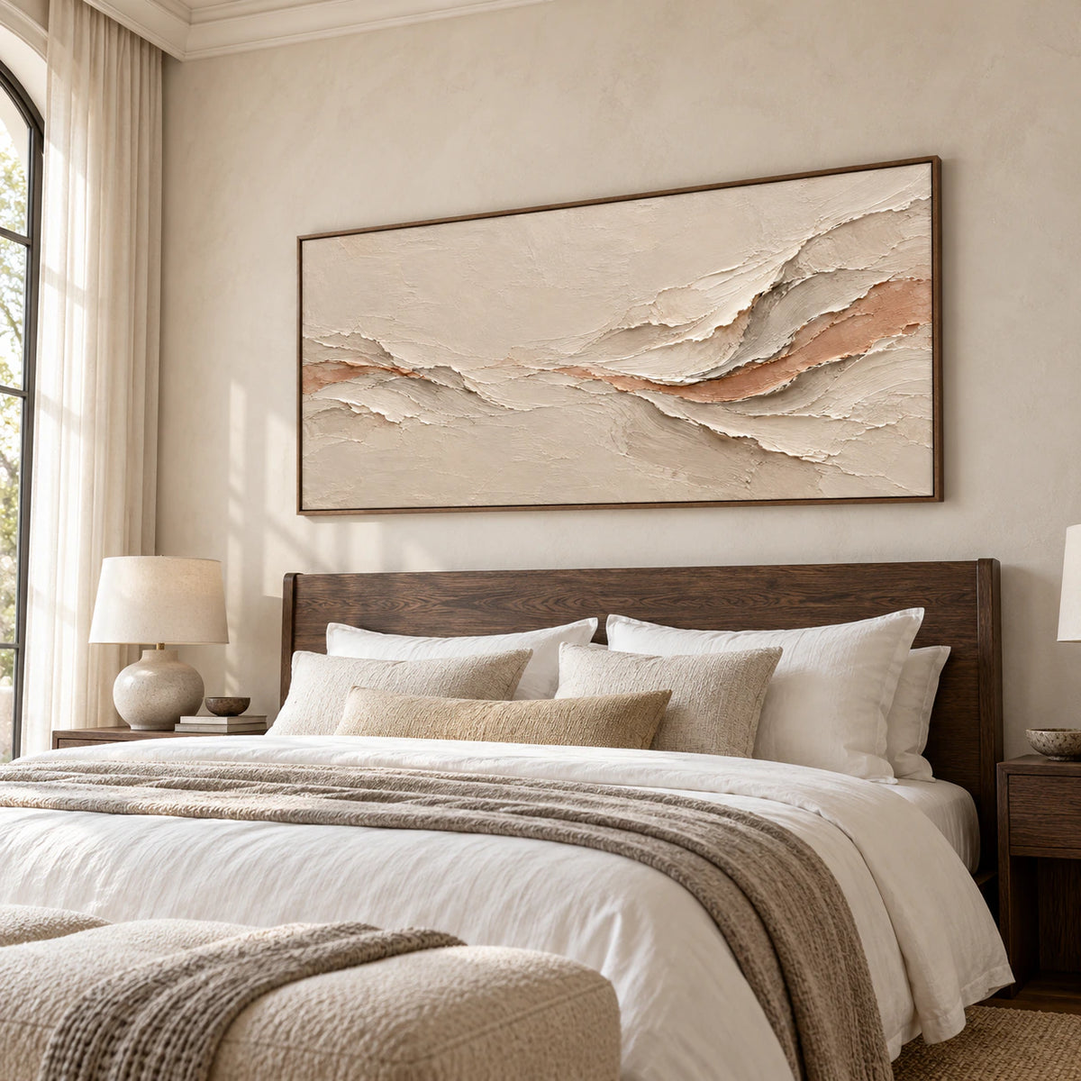 Apricot-Undercurrent above a simple bed in a quiet, daylight-filled bedroom.