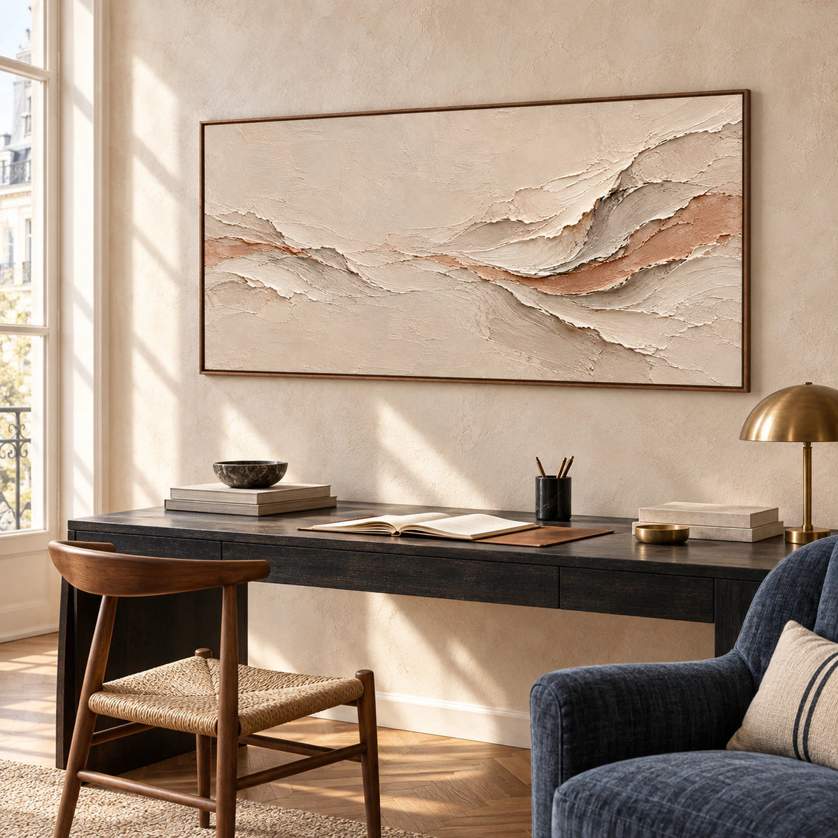 Apricot-Undercurrent displayed in an airy home office with a restrained desk and reading chair.