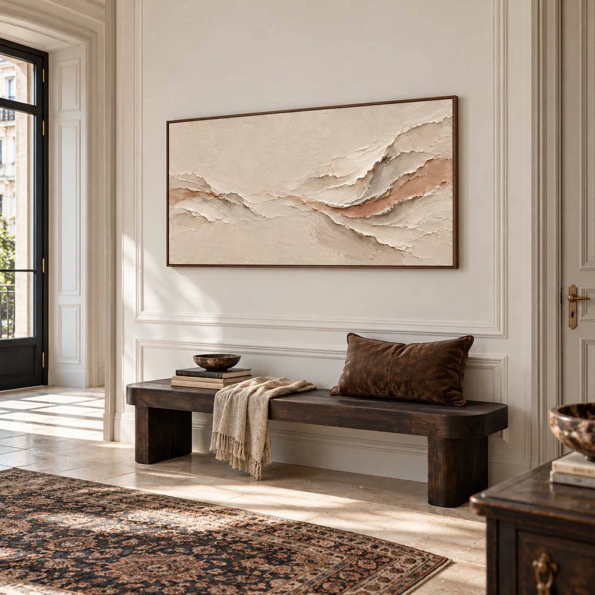Apricot-Undercurrent commanding the wall of a gallery-scale foyer.