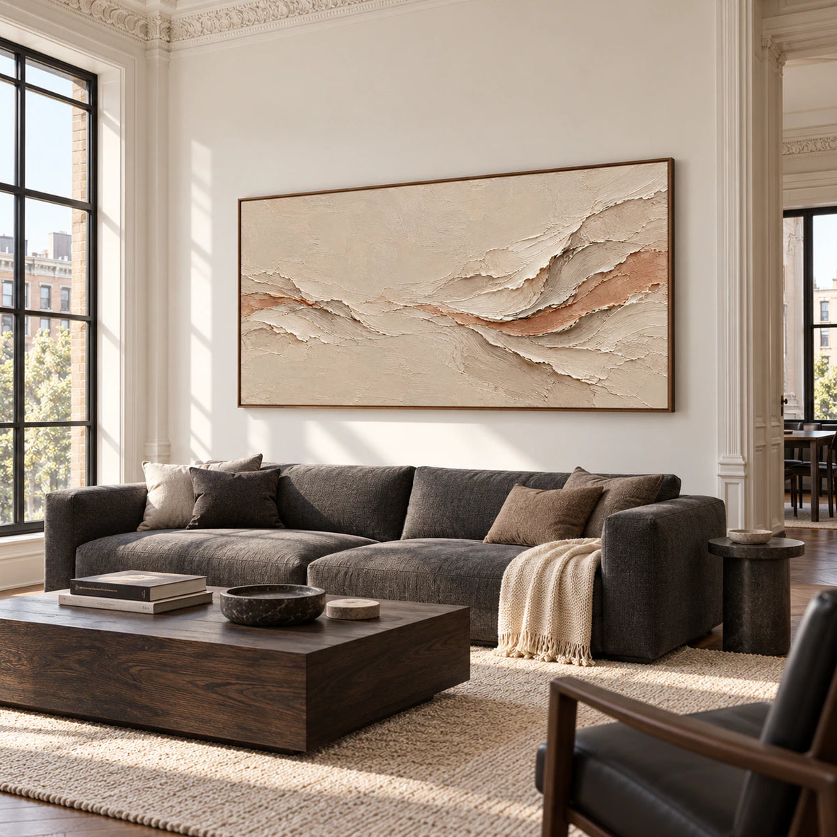 Apricot-Undercurrent as the focal artwork in an expansive loft interior.
