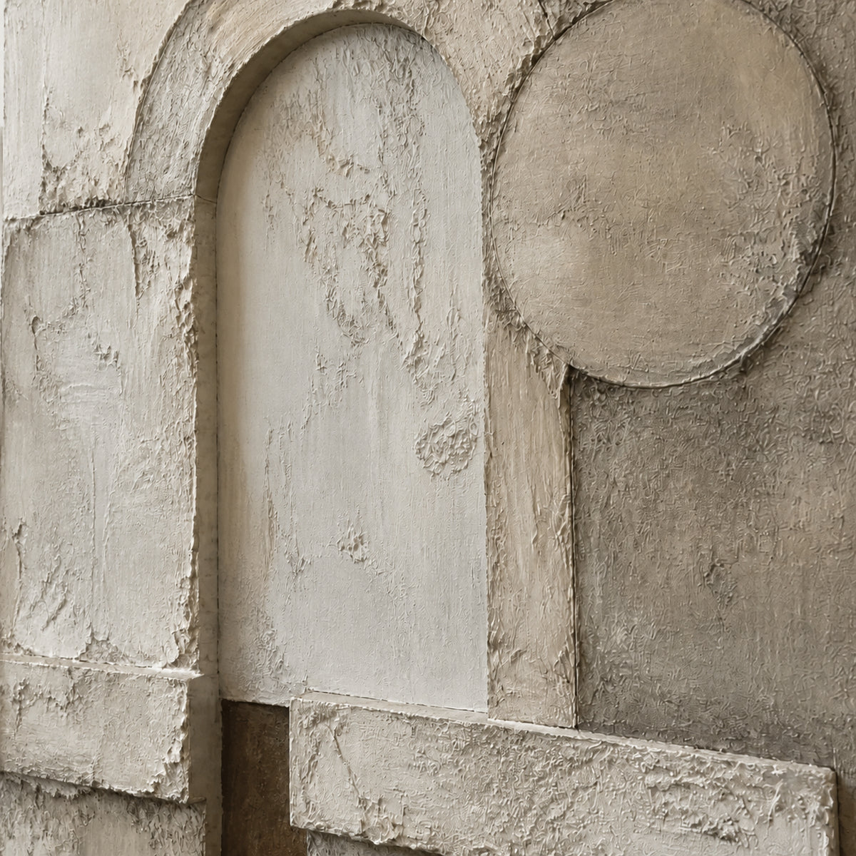 Arc-Relief oil painting brushwork and impasto detail photographed from an oblique side angle
