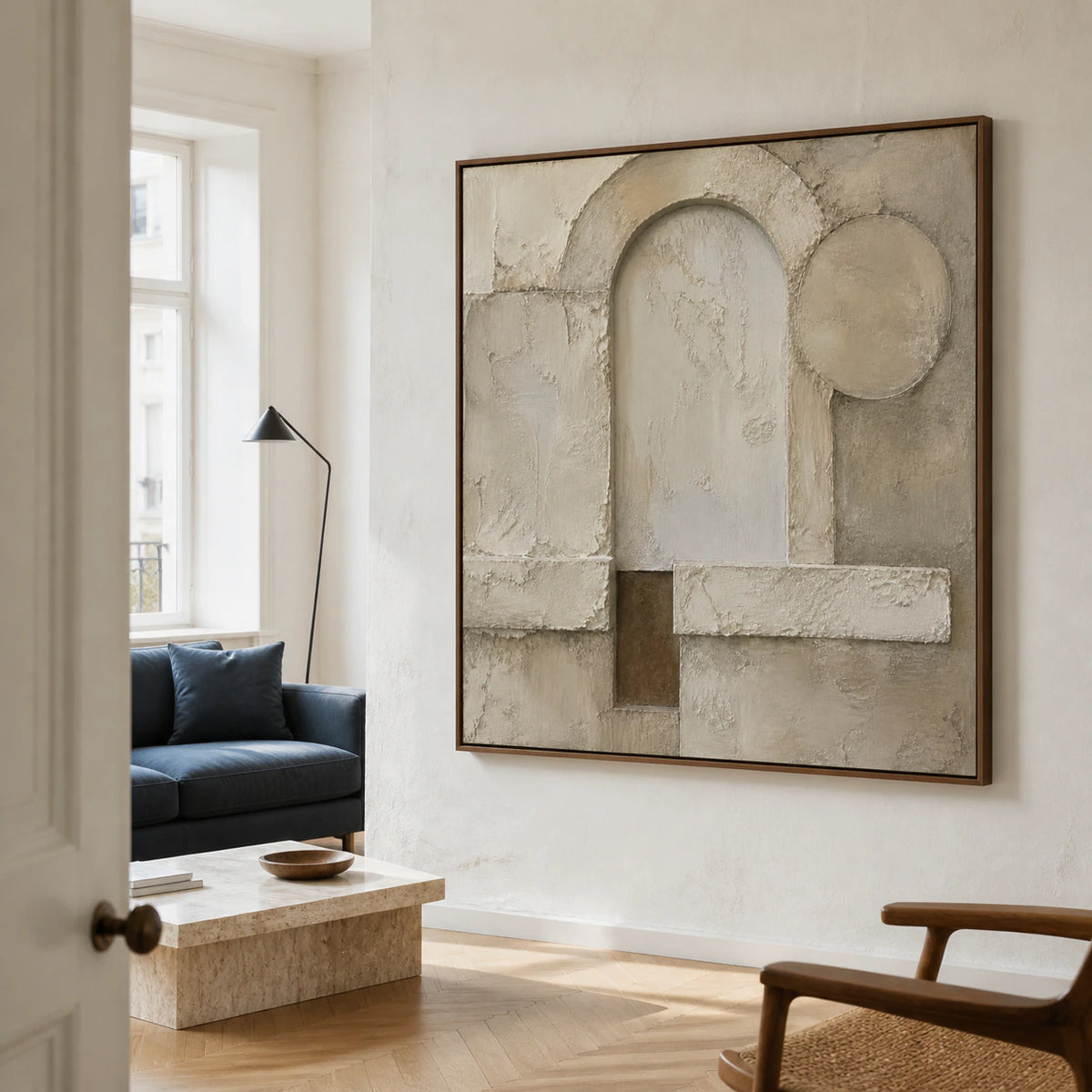 Arc-Relief as the focal artwork in a bright contemporary living room.