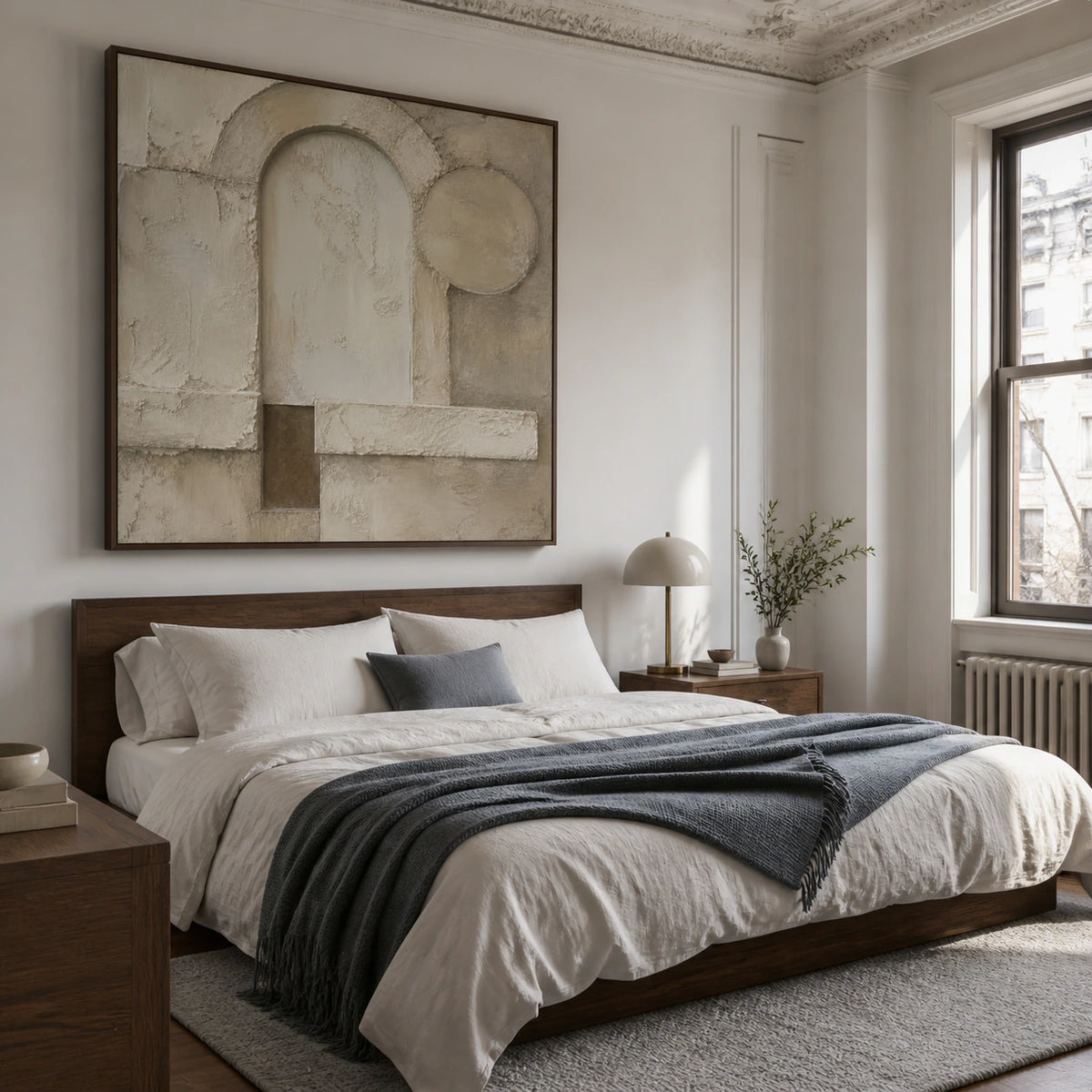 Arc-Relief anchoring a quiet, softly lit bedroom.
