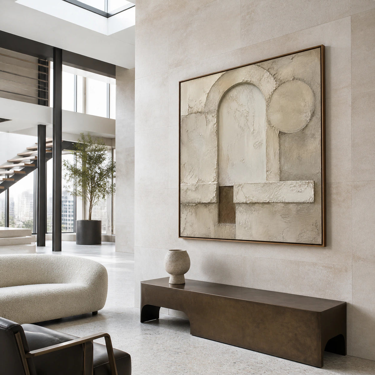 Arc-Relief presented at gallery scale in a luminous foyer.