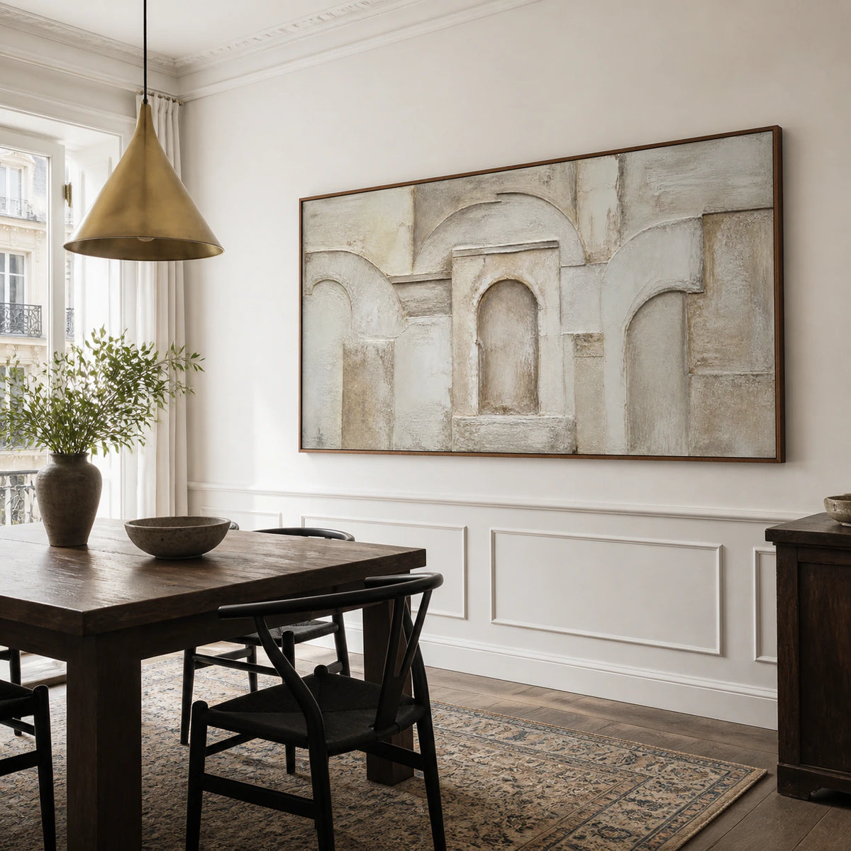Arcade-Silence as the focal point of a refined dining room with sculptural furniture.