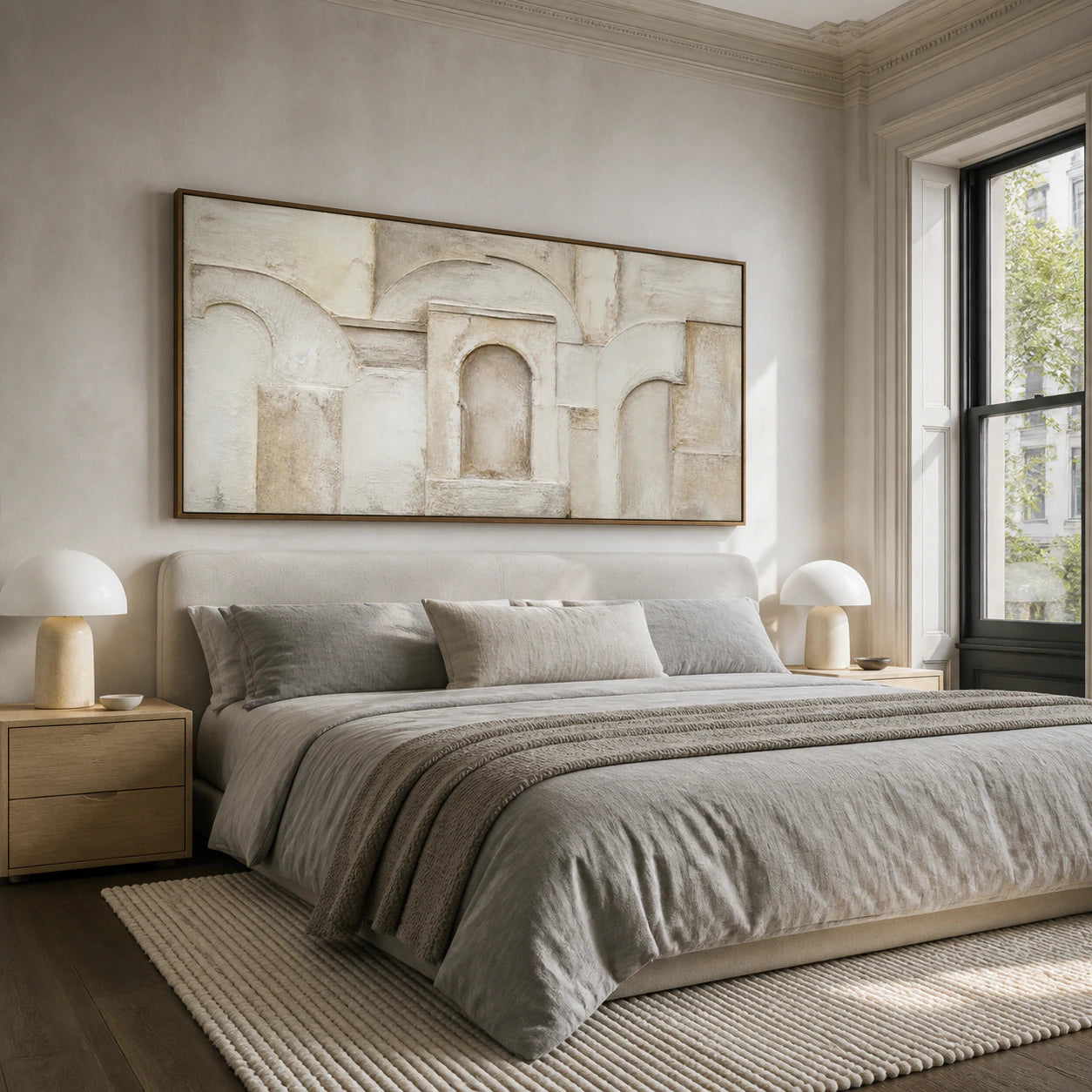 Arcade-Silence in a quiet, sunlit bedroom with calm neutral furnishings.