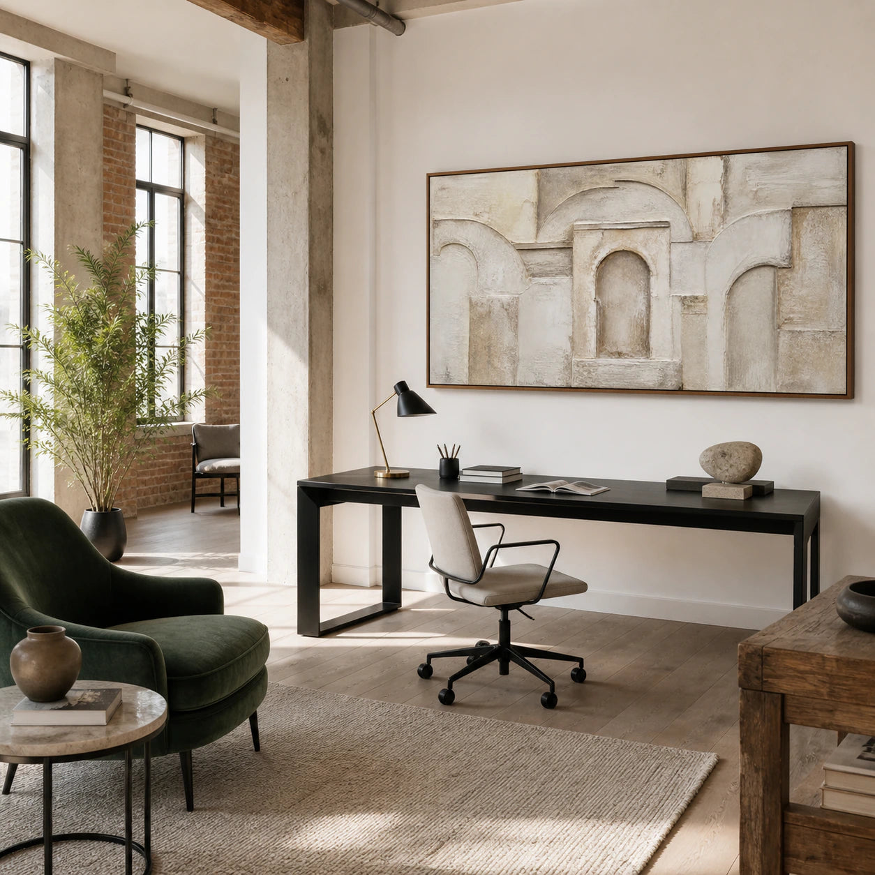 Arcade-Silence in an airy home office reading space with natural daylight.