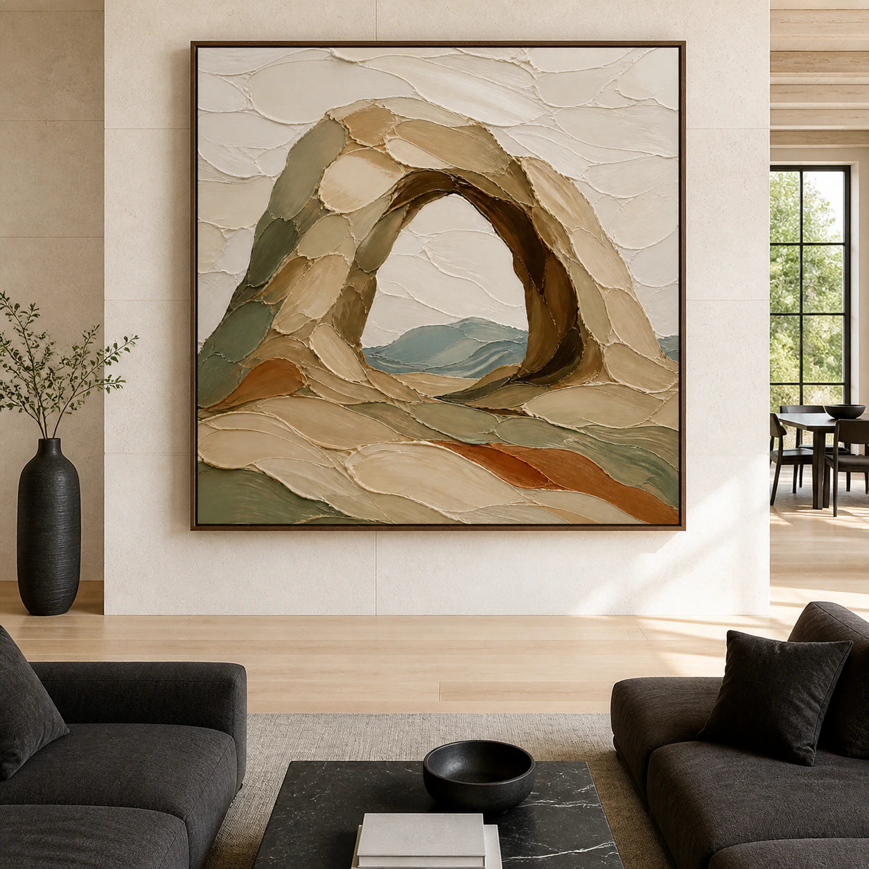 Large square Arched-Quiet painting displayed straight-on in a spacious daylight-filled interior.