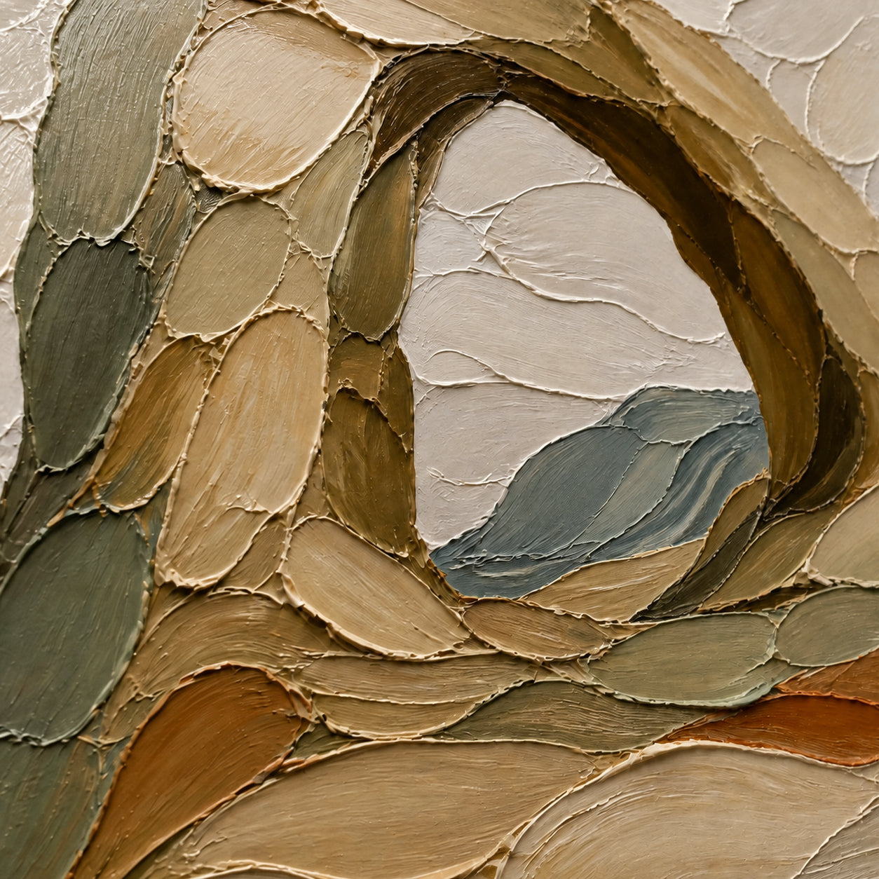 Arched-Quiet oil painting brushwork and impasto detail photographed from an oblique side angle