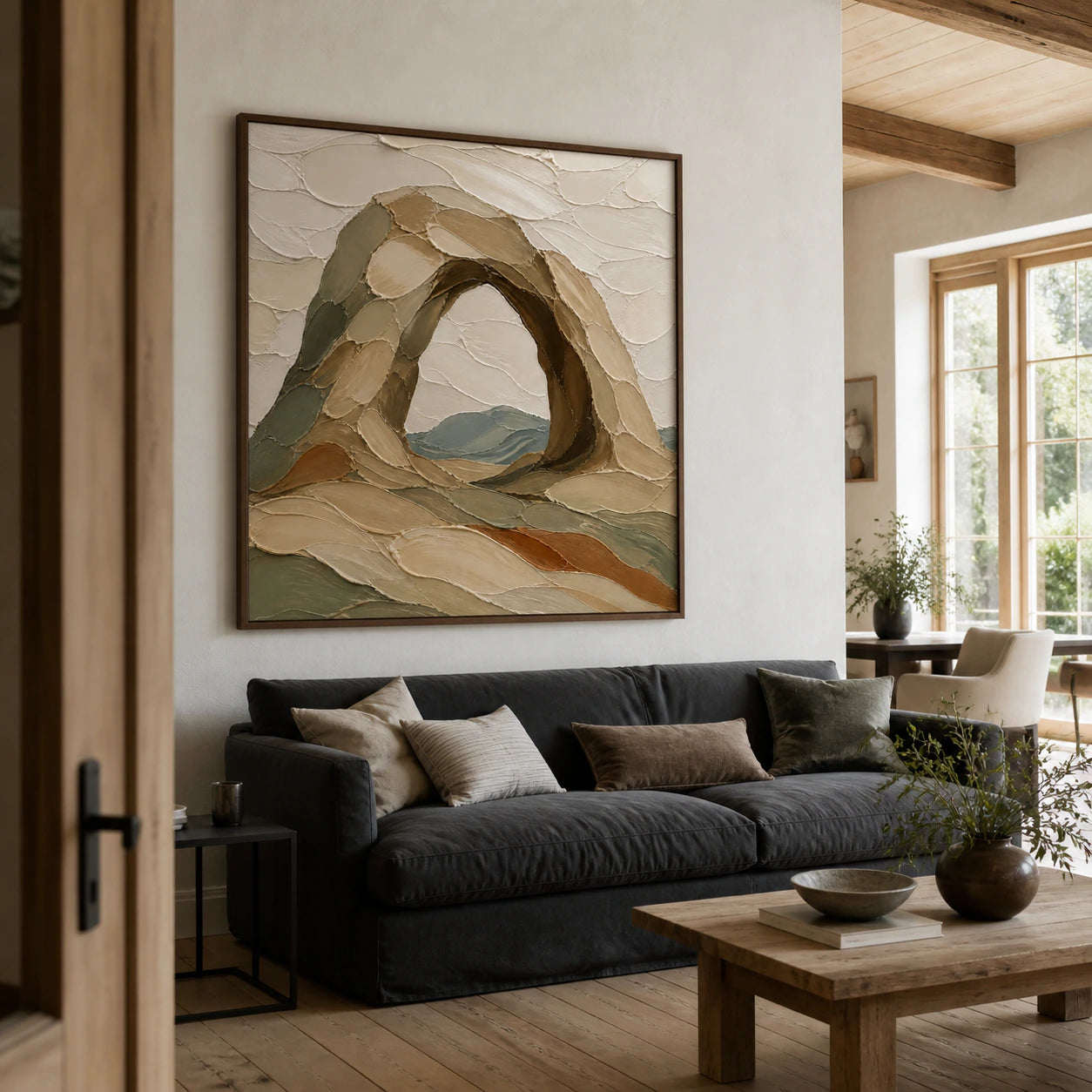 Arched-Quiet as the focal artwork in a bright contemporary living room.
