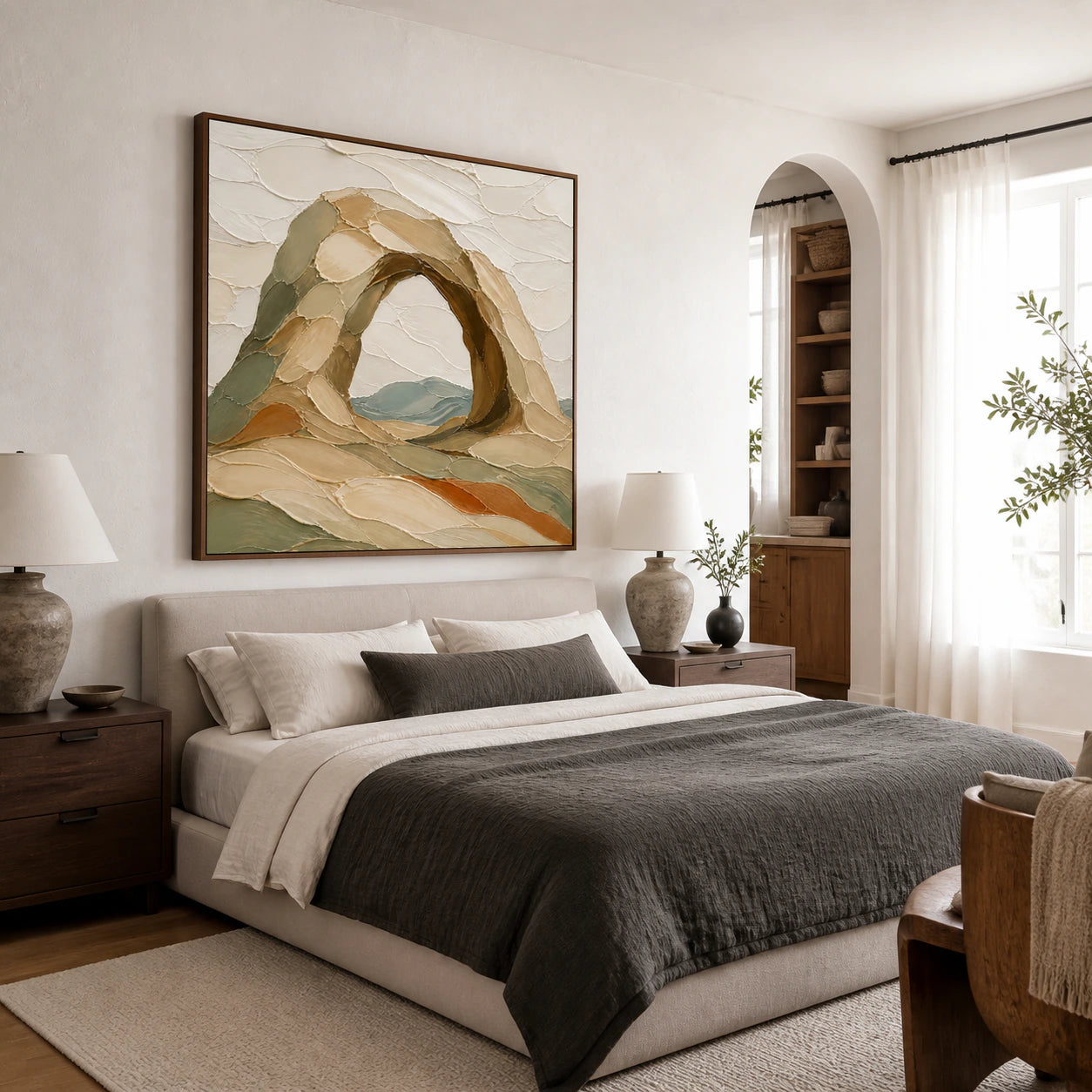 Arched-Quiet as a quiet focal point in a softly lit bedroom.
