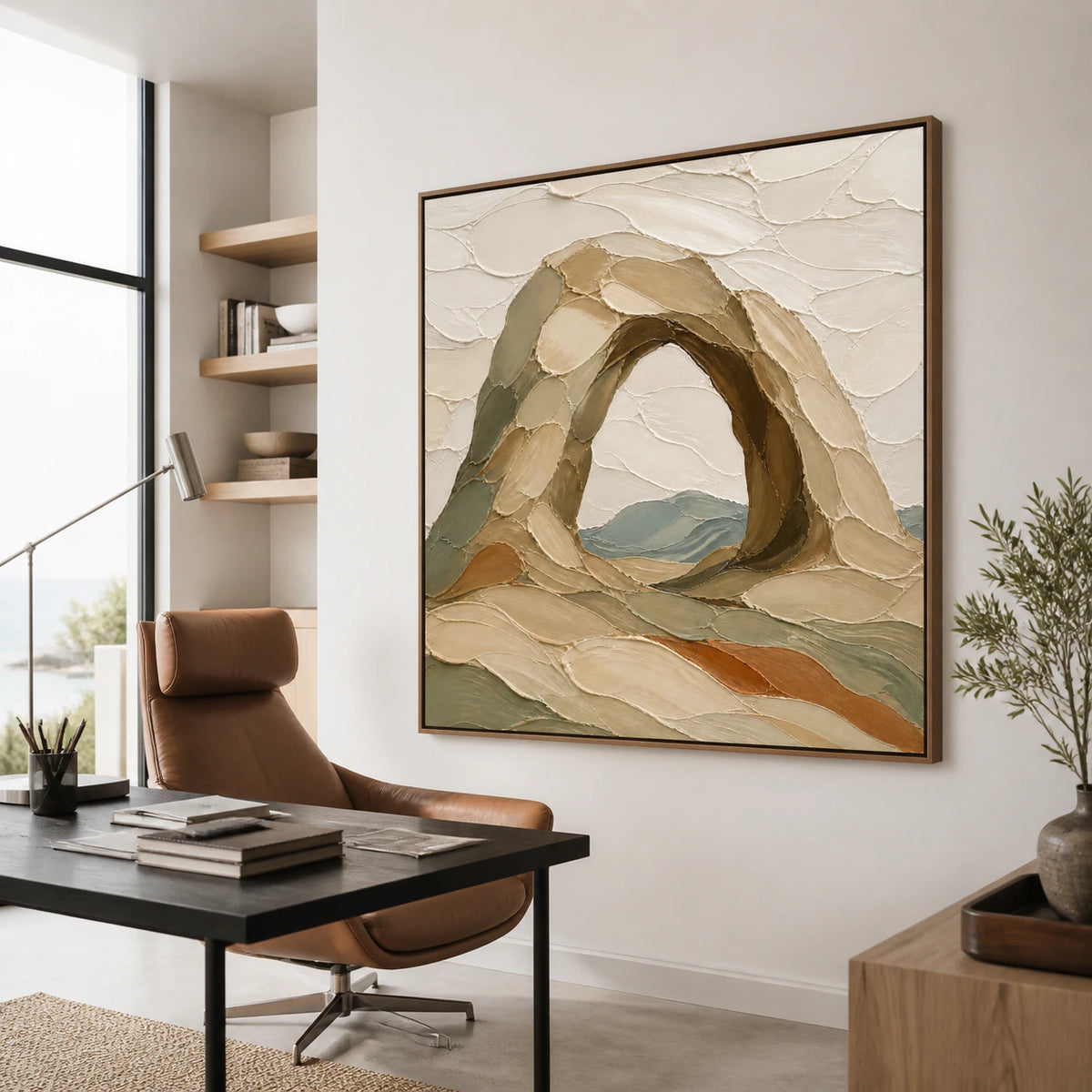Arched-Quiet in an airy home office reading space with daylight.