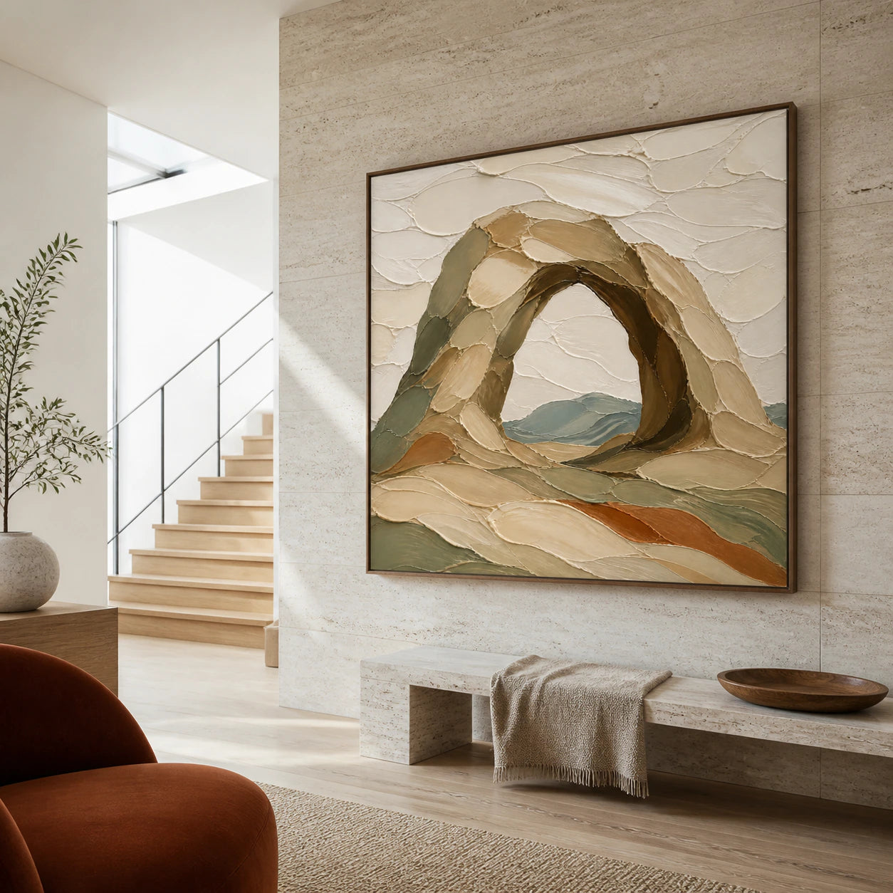 Gallery-scale Arched-Quiet painting in a bright architectural foyer.