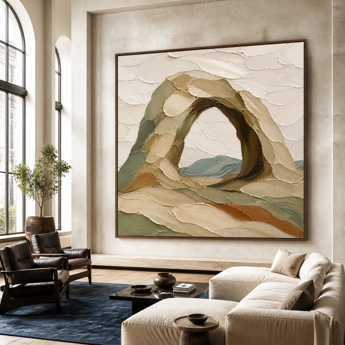 Arched-Quiet as a large focal artwork in an expansive loft hospitality interior.