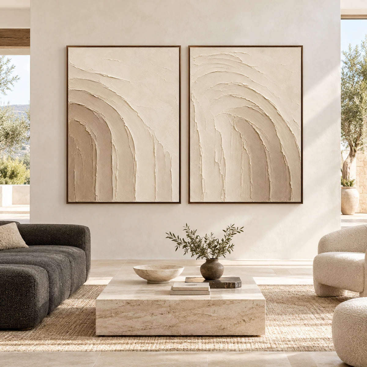 Arched-Relief diptych displayed at large scale on a gallery wall in a bright, expansive living space.