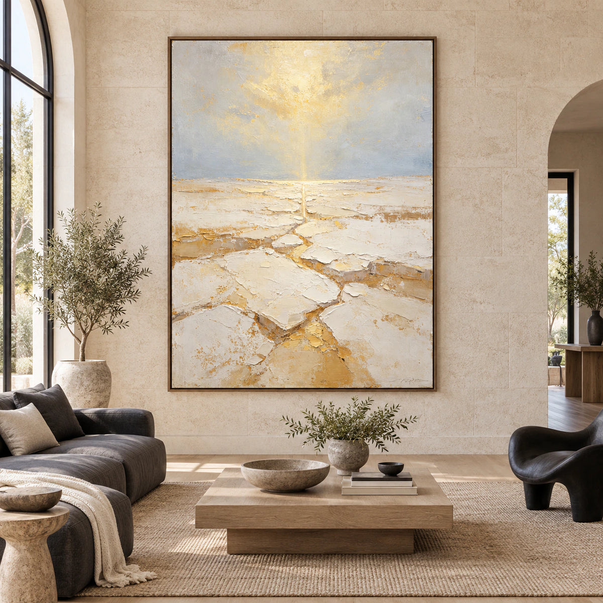 Large vertical Aureate-Rill artwork displayed straight-on in an open architectural living space.