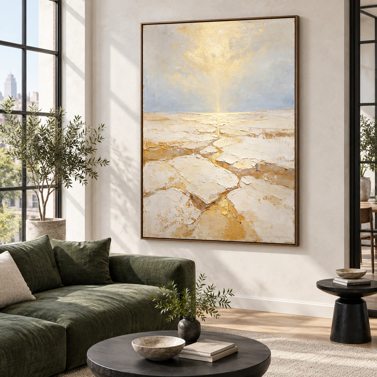 Large vertical Aureate-Rill artwork above a restrained sofa in a bright living room.
