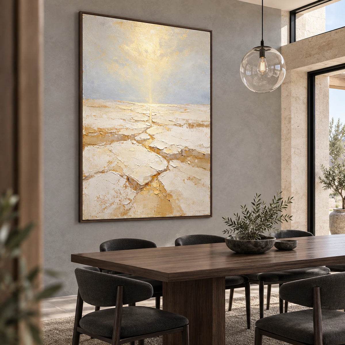 Large vertical Aureate-Rill artwork in a refined daylight dining room.