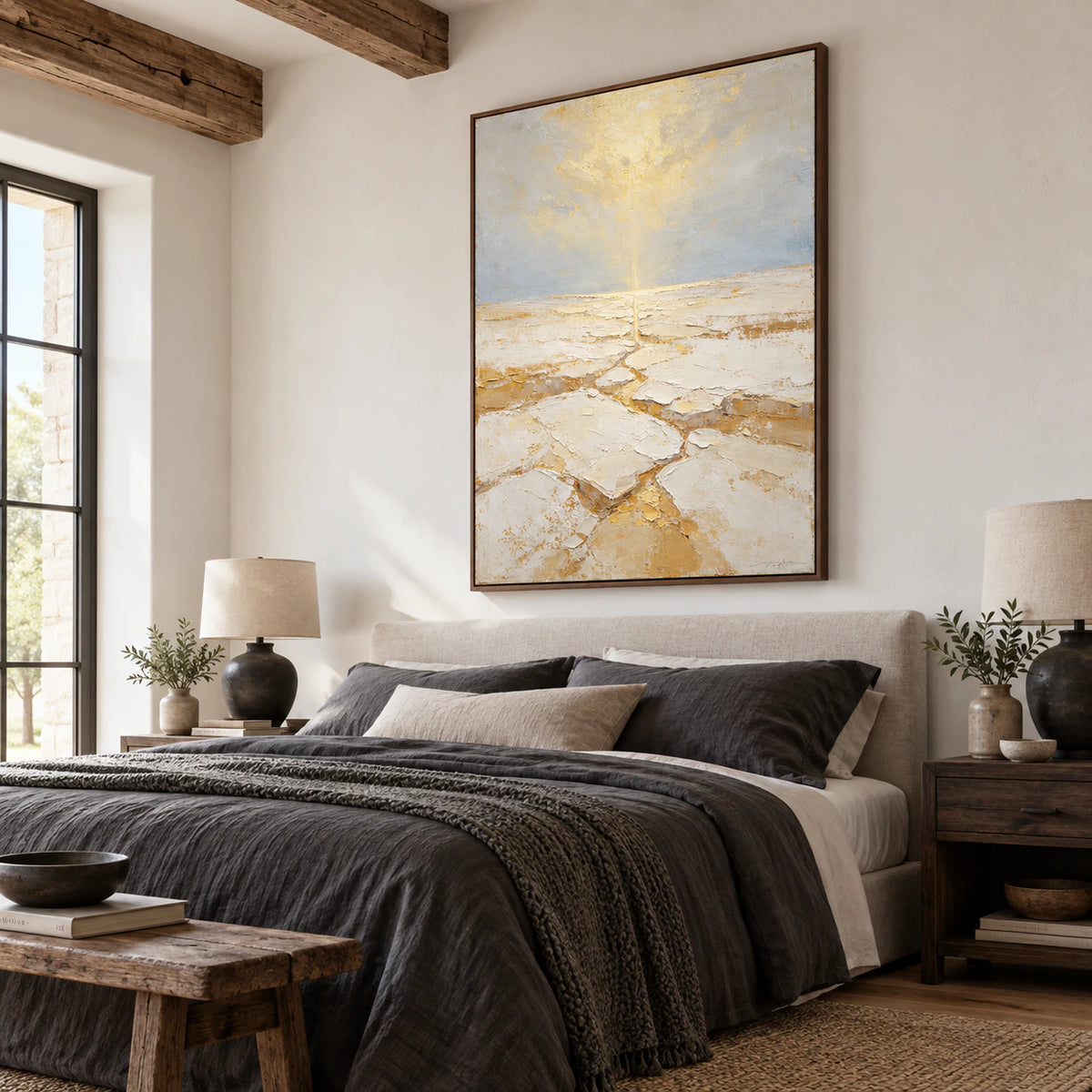 Large vertical Aureate-Rill artwork as the focal point of a quiet bedroom.