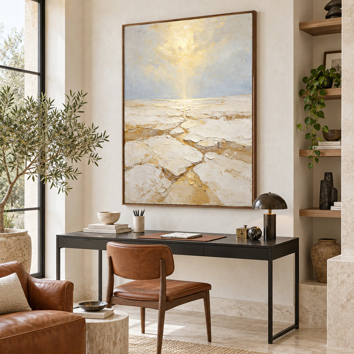 Large vertical Aureate-Rill artwork in an airy reading and home office space.
