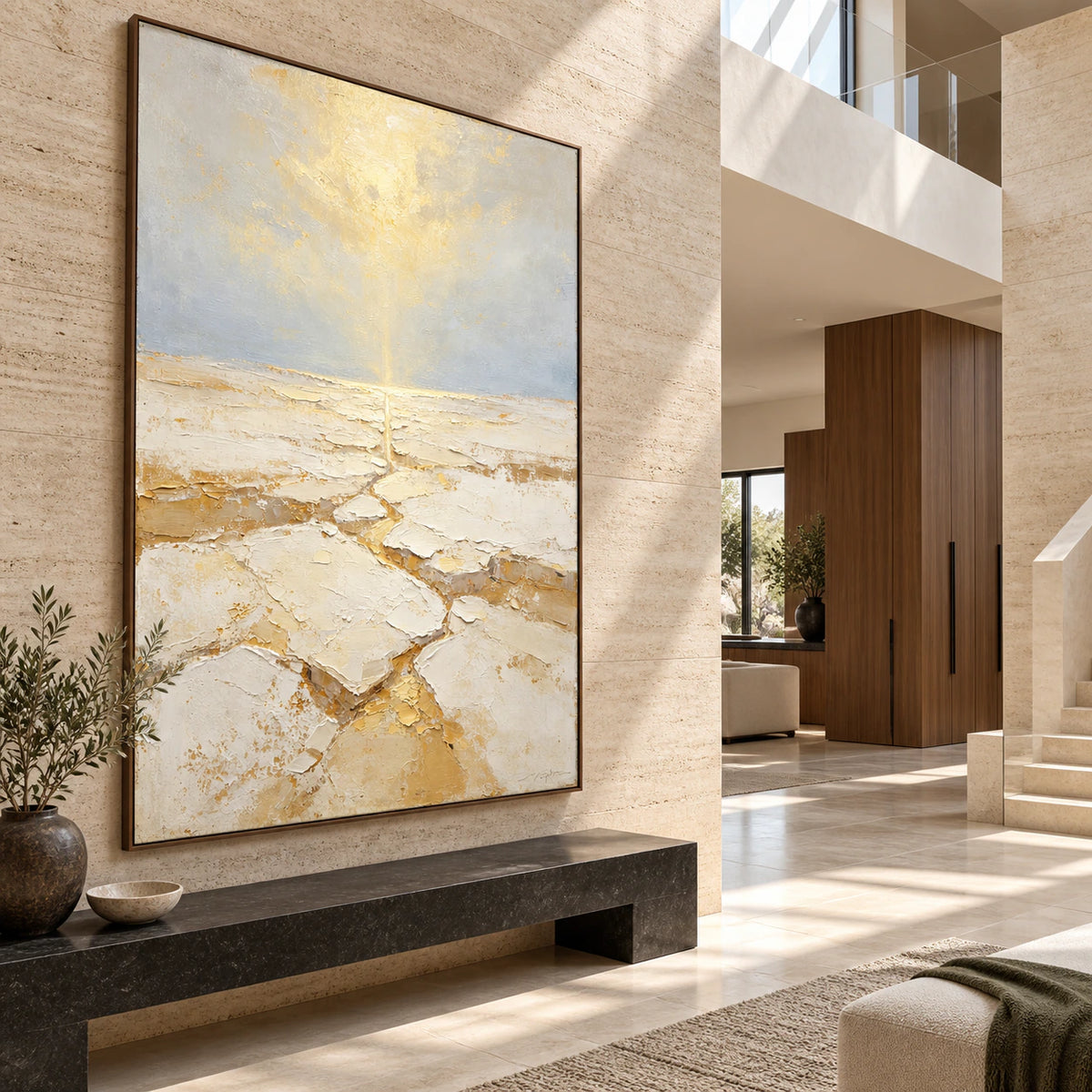 Large vertical Aureate-Rill artwork in a gallery-scale daylight foyer.