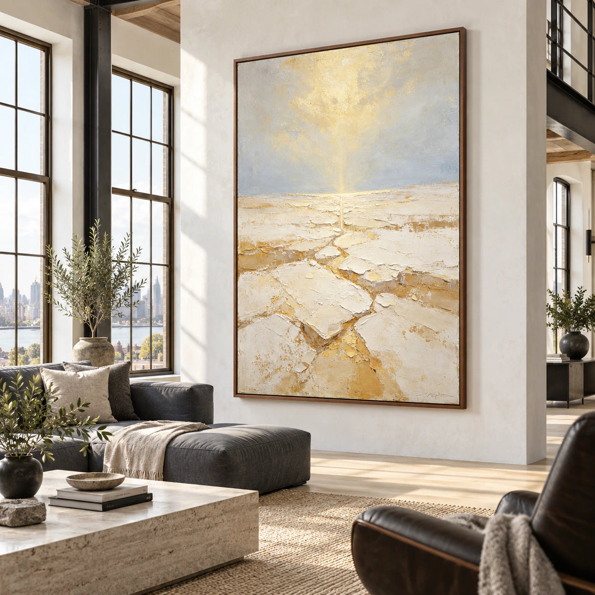 Large vertical Aureate-Rill artwork in an expansive hospitality loft interior.