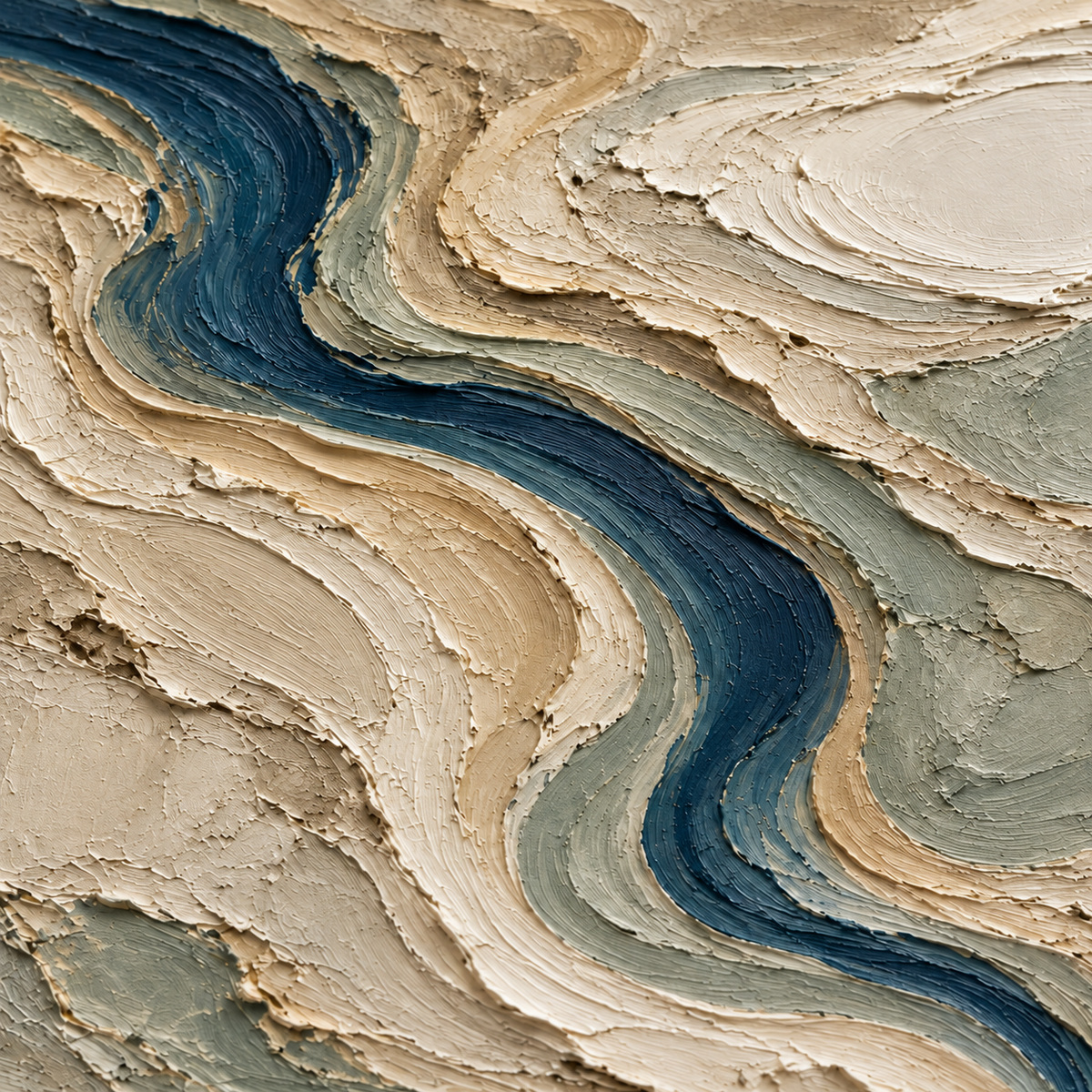 Azure-Meander oil painting brushwork and impasto detail photographed from an oblique side angle