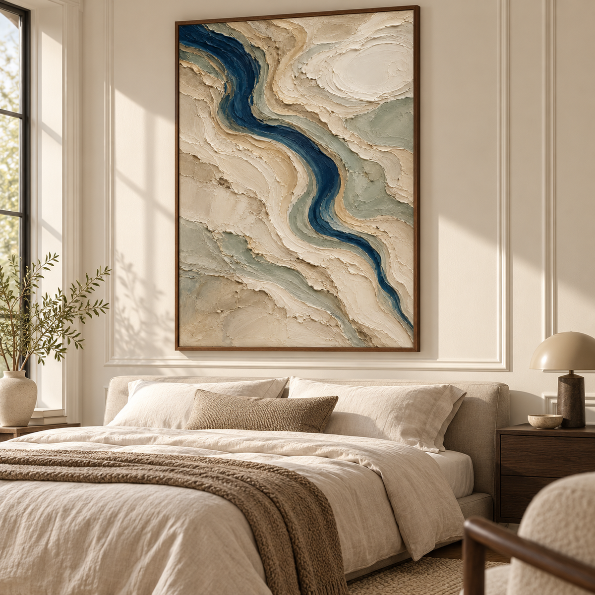 Large vertical painting above a simple bed in a quiet, sunlit bedroom, showing the blue-green meander across sculptural cream and sage ridges.
