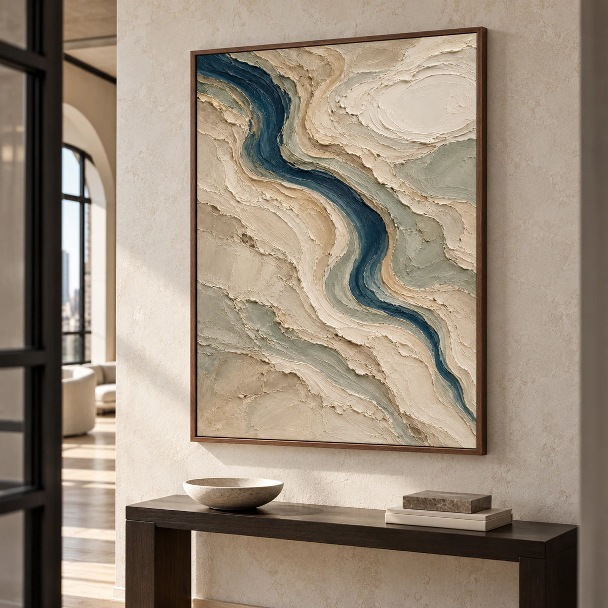 Gallery-scale vertical painting in a bright foyer with pale stone walls and a long sightline, its ridged blue-green composition shown at close viewing scale.