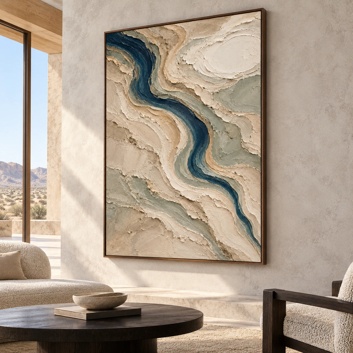 Large vertical artwork in an expansive loft lounge with high ceilings, concrete walls and restrained furnishings, clearly centered as the visual focus.