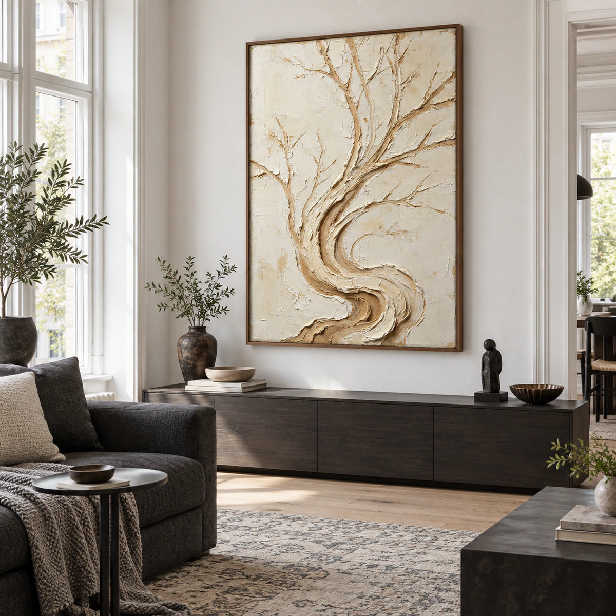 Bark-Current as the focal point above a restrained seating arrangement in a bright living room.