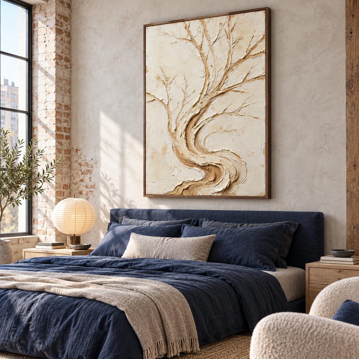 Bark-Current above a low bed in a quiet, softly lit bedroom.