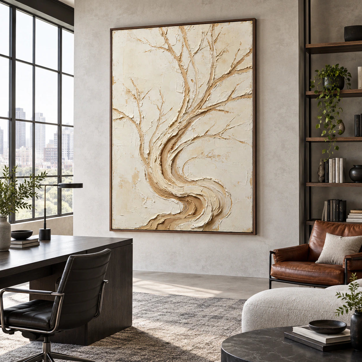 Bark-Current as a large tactile focal point in an airy home office reading space.