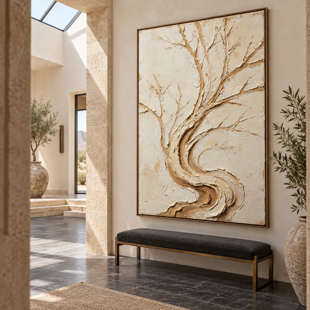 Bark-Current at gallery scale in a bright, sculptural foyer.
