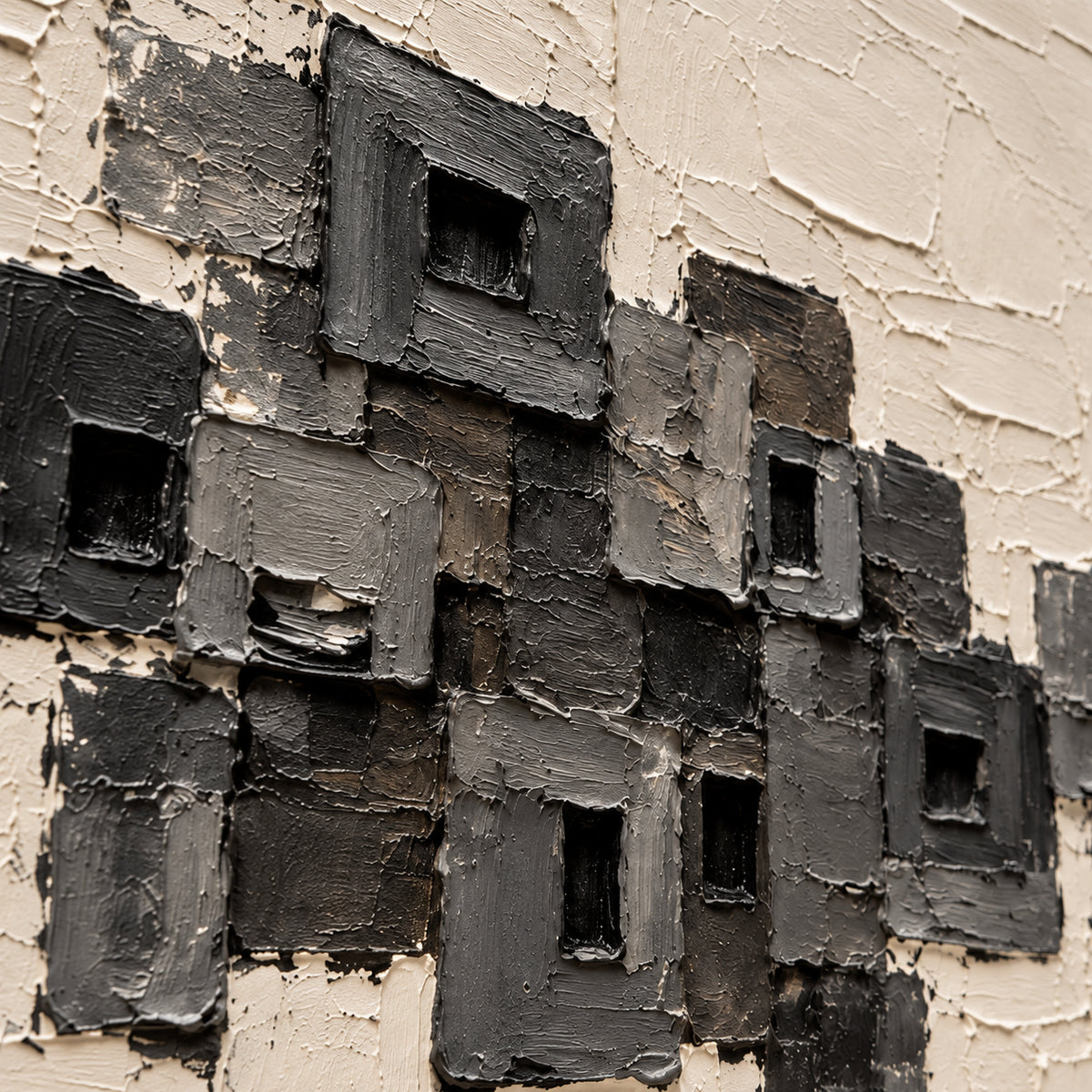 Basalt-Assemblage oil painting brushwork and impasto detail photographed from an oblique side angle