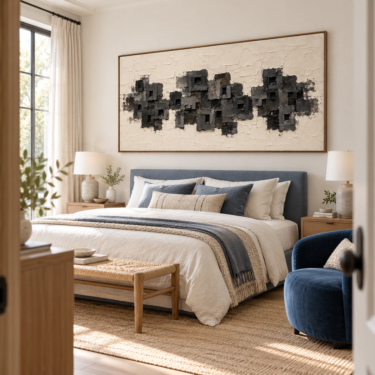 Horizontal abstract artwork above a quiet bedroom headboard in soft natural daylight.