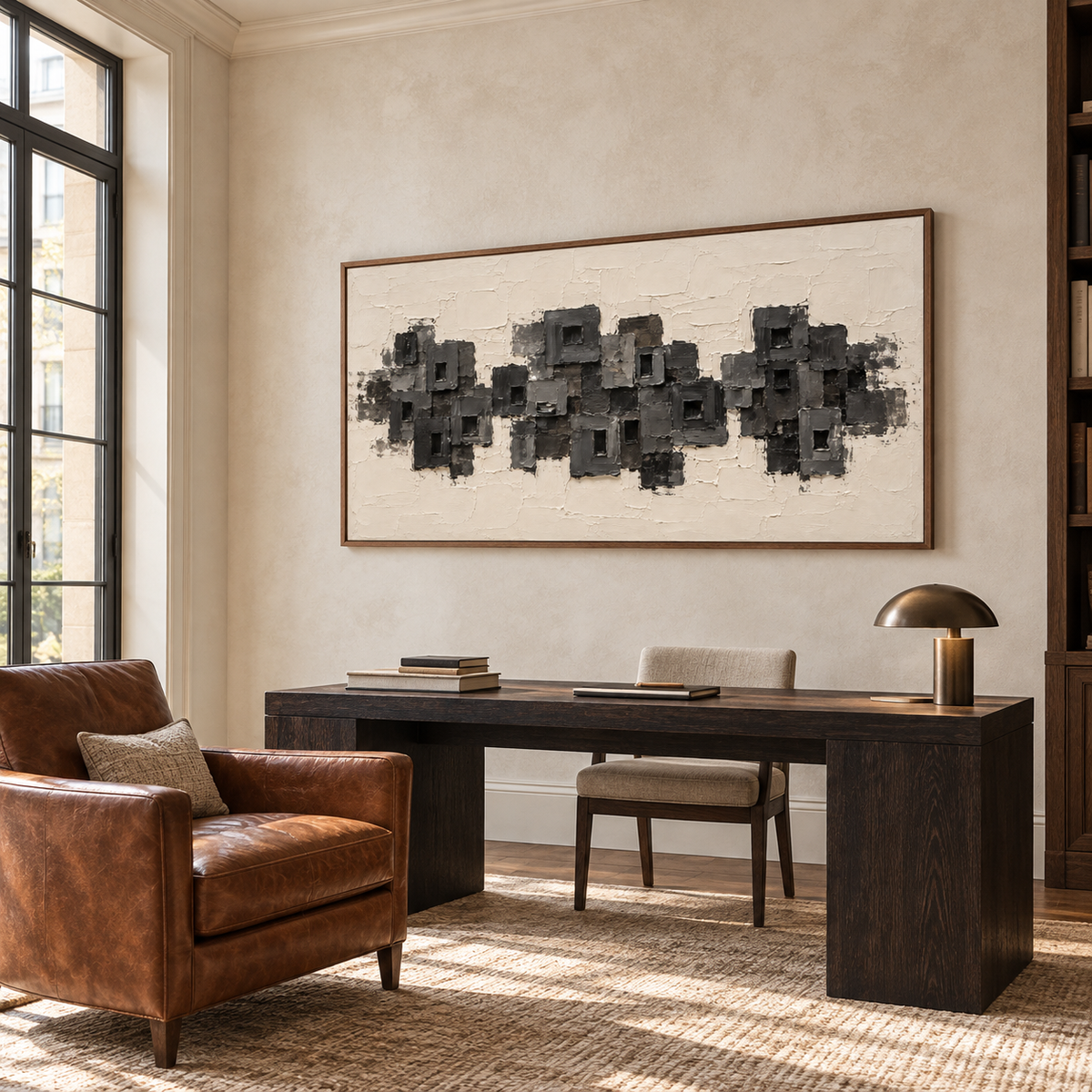 Large textured painting above a desk in an airy home office with open shelving.